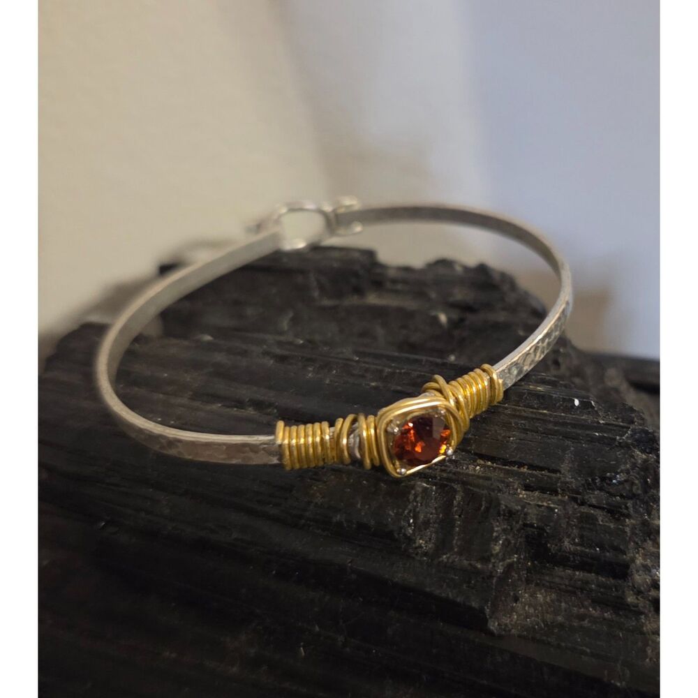 Handcrafted Two-Tone Wire-Wrapped Bangle Bracelet with Orange Gemstone